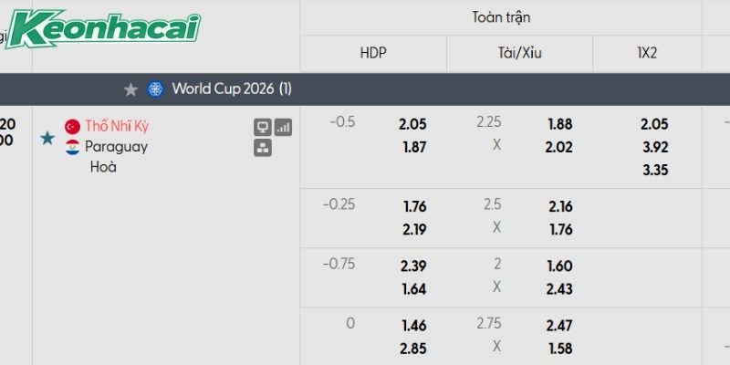 Tỷ lệ kèo Thổ Nhĩ Kỳ vs Paraguay